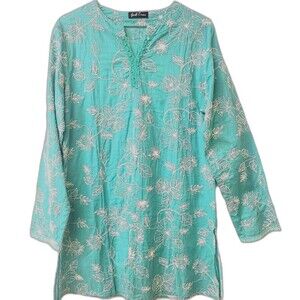 Gentleman Blue Cotton Embroidered Flowers One Size Women Dress Beach Tunic